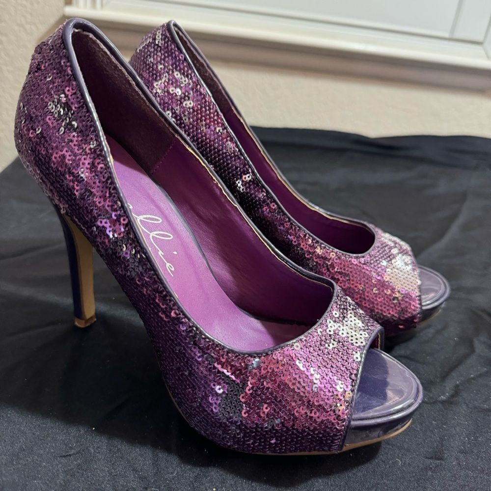 Ellie Purple Sequin Peep-Toe Heels - Size 7 - Picture 3 of 11